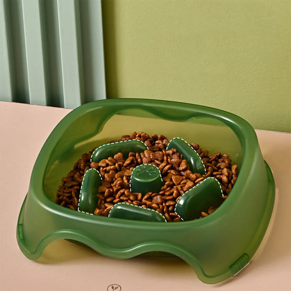 Dog slow feeder bowl with anti-choking maze pattern in BPA-free plastic available in four colours