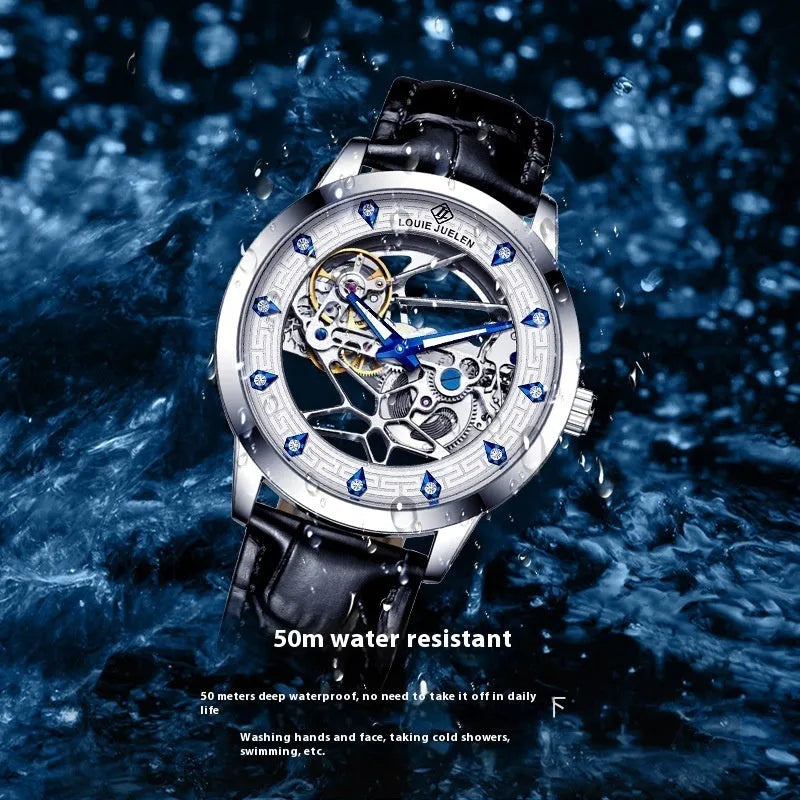 Men's silver stainless steel mechanical watch with white dial, blue luminous hands, and black leather strap