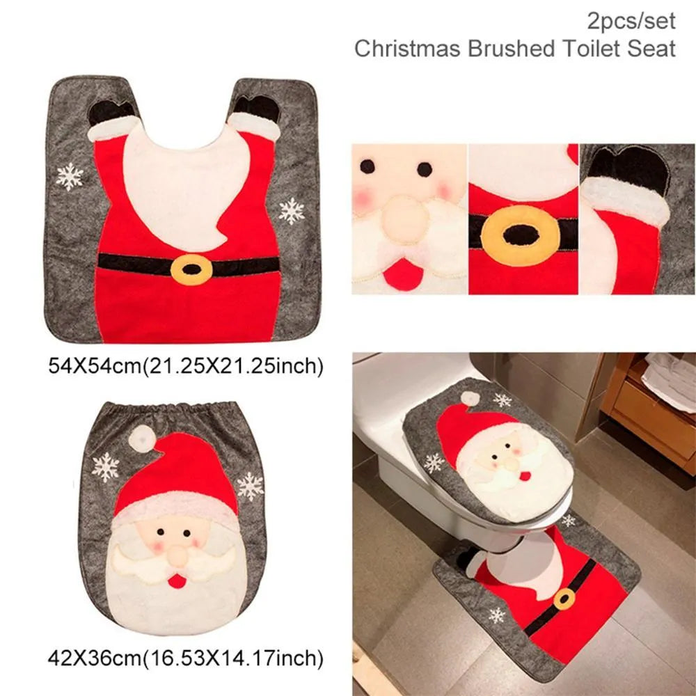 Christmas bathroom set with flannel shower curtain, toilet cover and floor mat featuring Santa design