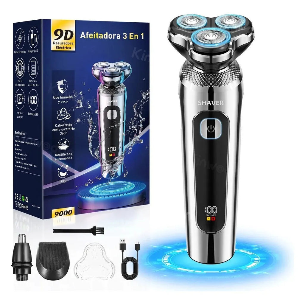 Fully washable digital USB rechargeable beard shaver with LED display on five-in-one base.
