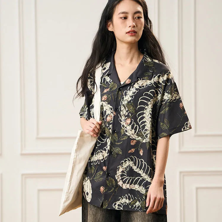 Floral snake bone pattern printed short sleeve Cuban collar loose fit shirt
