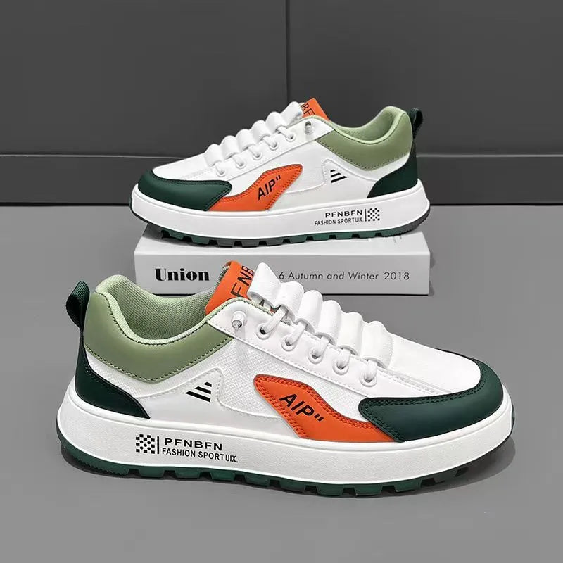 Men's white and accent colour casual shoes with round toe and artificial PU upper