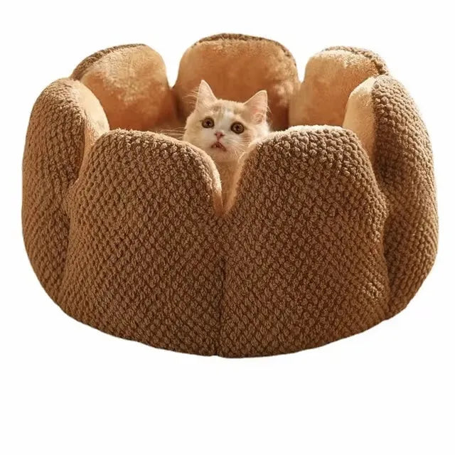 Green cactus petal shaped soft plush pet bed with cave-like opening and non-slip bottom, size L for pets up to 7.5kg