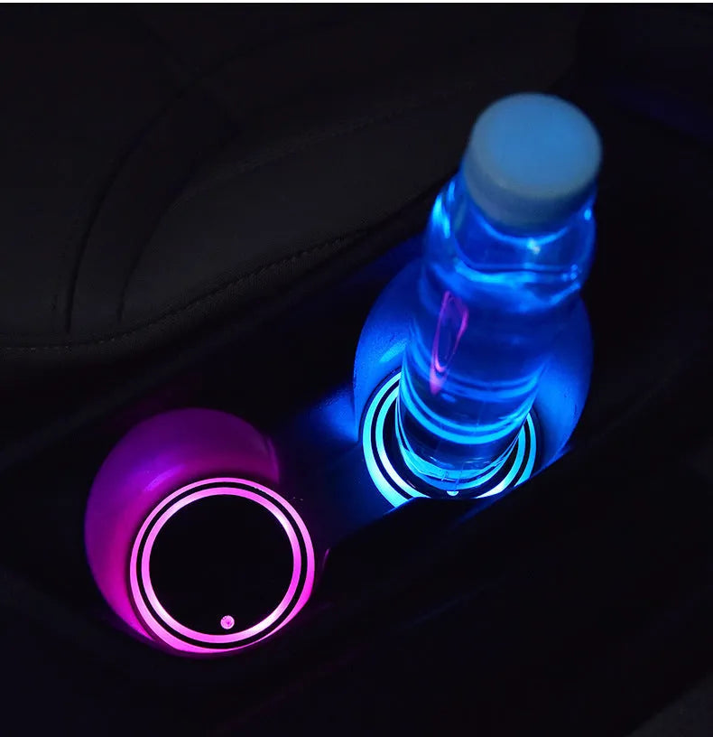 LED light-up coaster for car cup holder with seven colour changing modes and USB charging cable