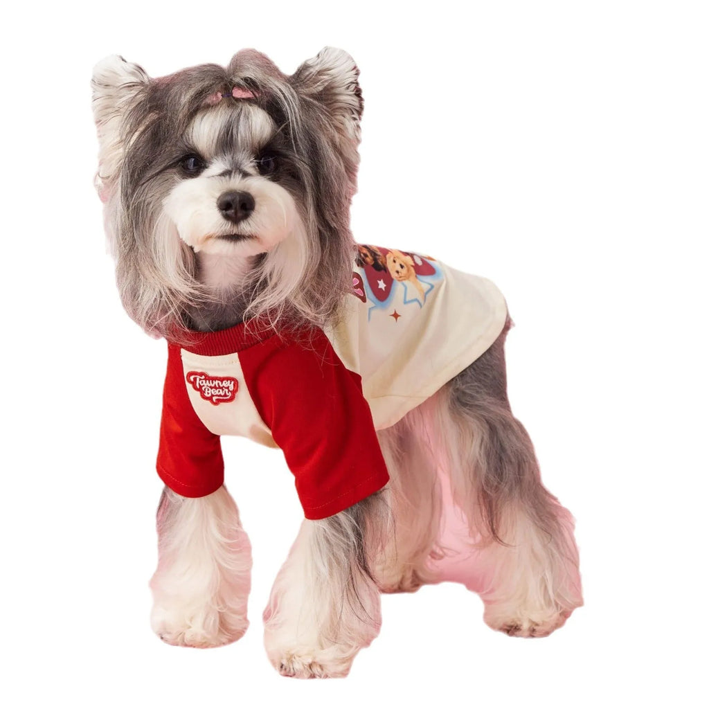 Cotton dog summer shirt with embroidery in red or pink, showing size range XS to XXL