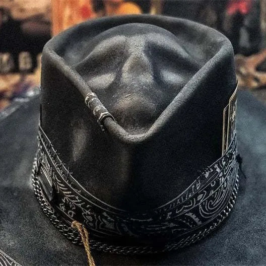 Handmade Halloween skull hat in wool felt and denim with conical crown shape
