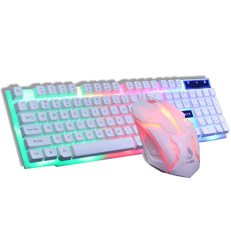 GTX300 black and white gaming keyboard and mouse set with backlit keys on desk