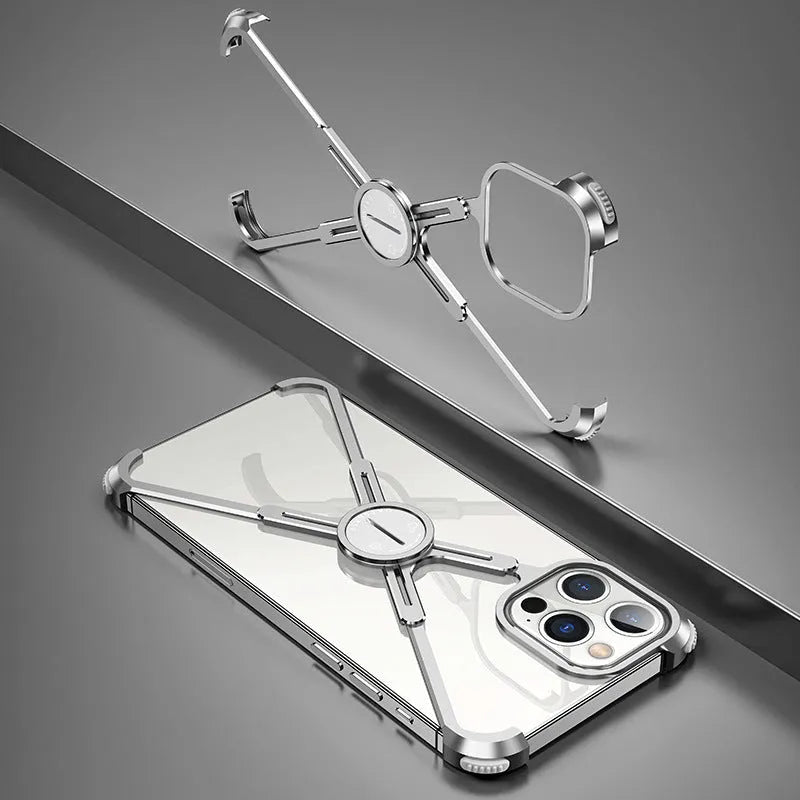 Silver X-shaped metal phone case for iPhone 12 Pro with four airbag corners and magnetic holder