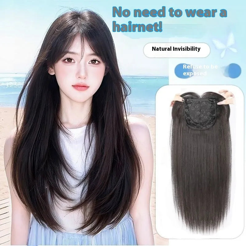 Black long straight high layered full-head wig for women with wear-free hair net