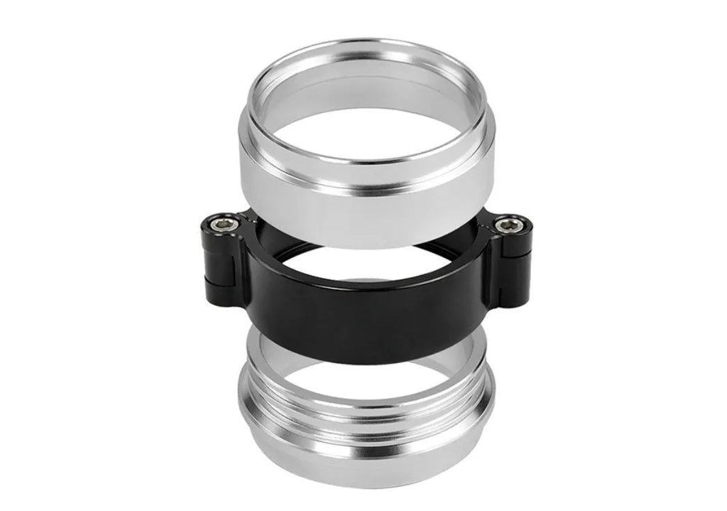 Aluminium exhaust clamp for turbo downpipes in black, blue, and red with 800psi pressure rating