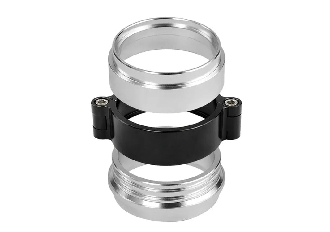 Aluminium exhaust clamp for turbo downpipes in black, blue, and red with 800psi pressure rating