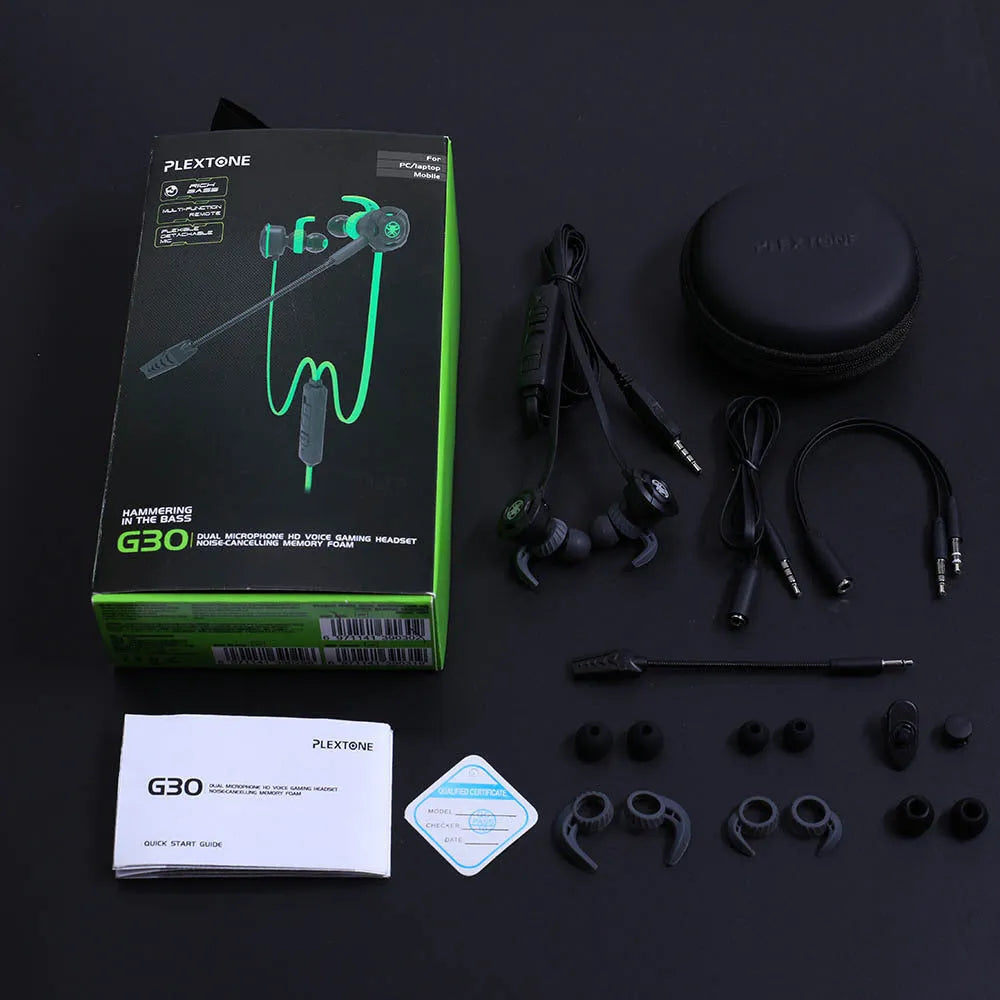 Shuangmai wired in-ear gaming headset with 1.5 cm cable in black, green, and red colours