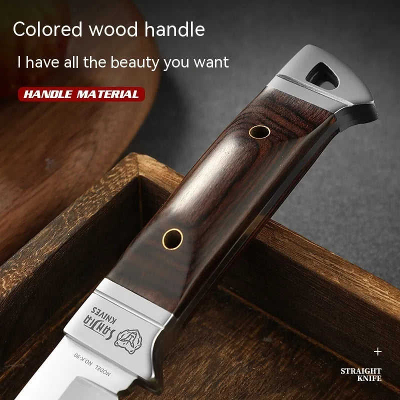 Camping portable fruit knife in stainless steel with leather case.