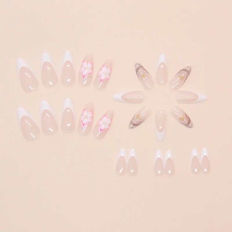 French style fake nails with rock pattern patch and simple flower design W1764 artificial nails