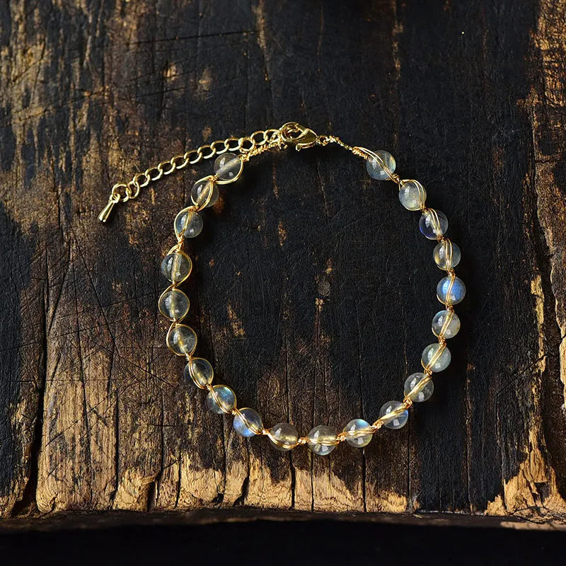 14K gilded natural crystal blue moonstone bracelet with 6mm beads, starry sky colour design