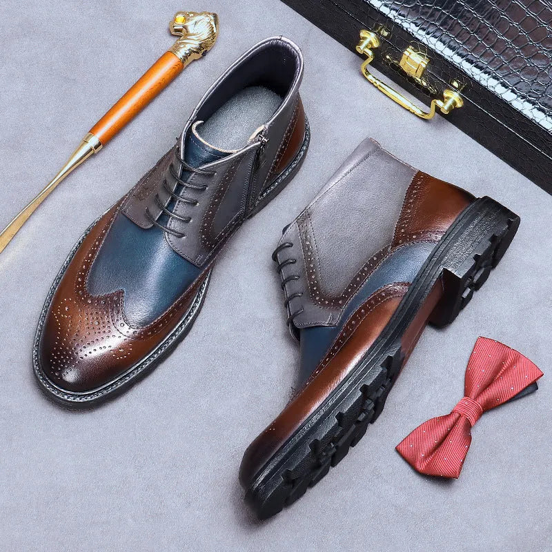 Men's curry blue leather Martin boots with vintage colour blocking and brogue detailing on a round toe.