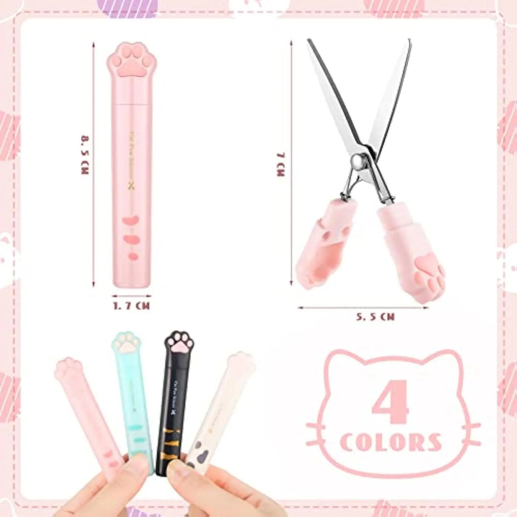 Small folding scissors with cat paw design on handles in choice of four colours, shown with blades safely closed.