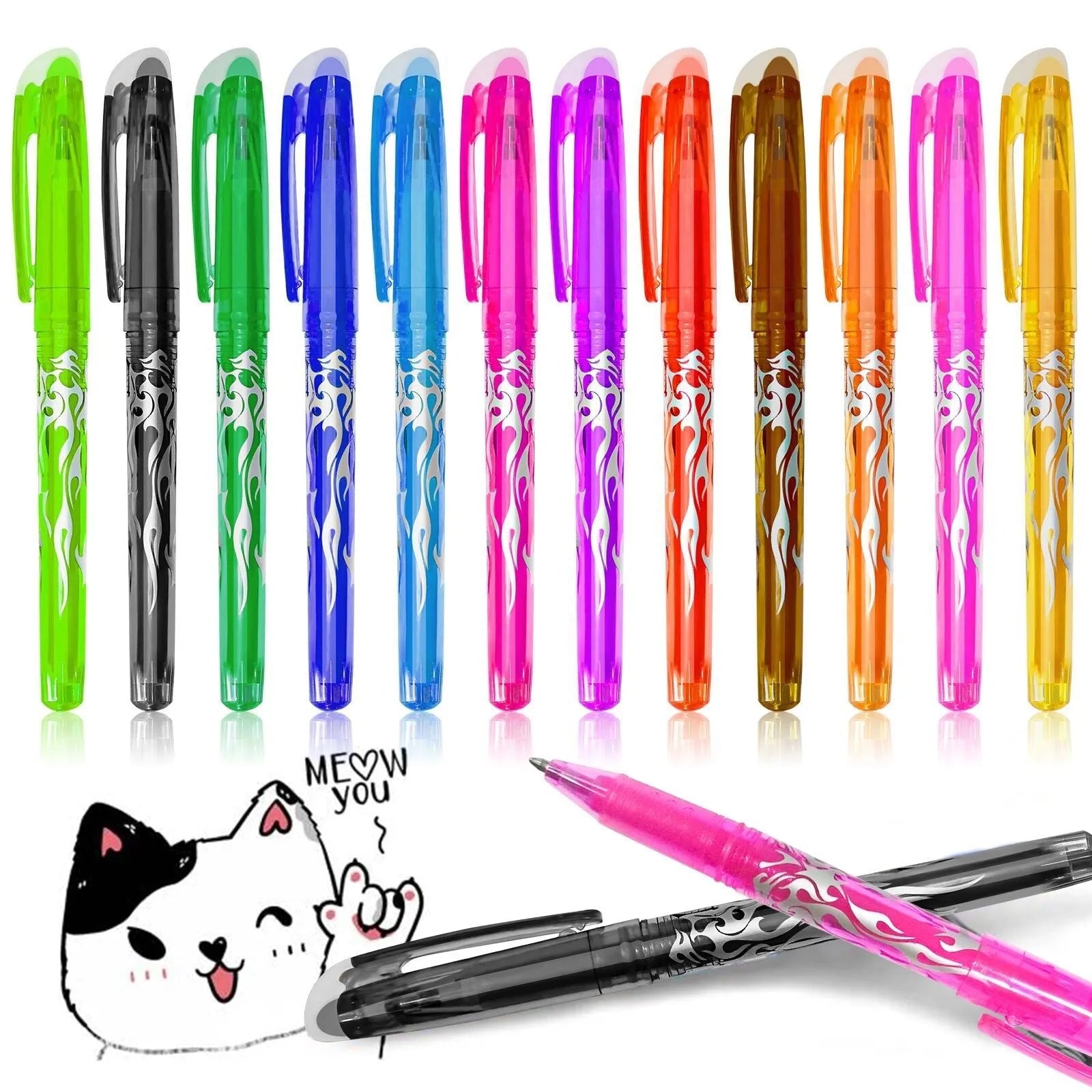 A set of heat-erasable gel pens with plastic shells and stainless steel nibs, showing the 0.5mm and 0.7mm options.