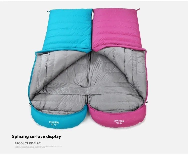 Black adult outdoor sleeping bag with white goose down filler and envelope design.