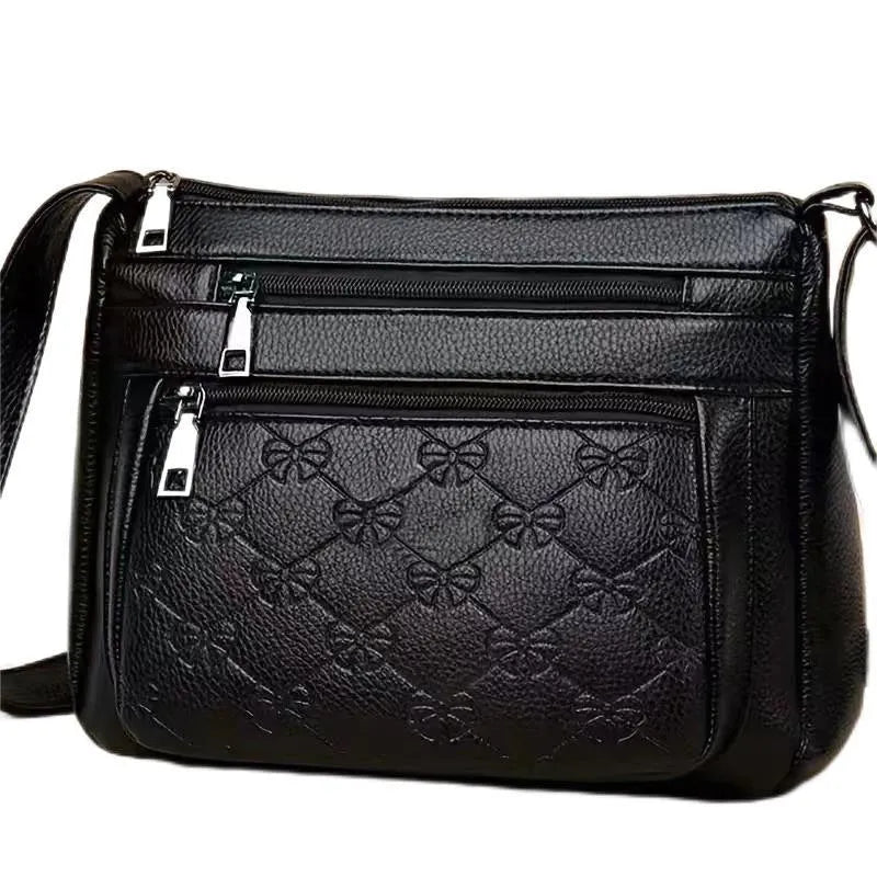 Butterfly black PU shoulder messenger bag with embossed detailing and sewing thread accents