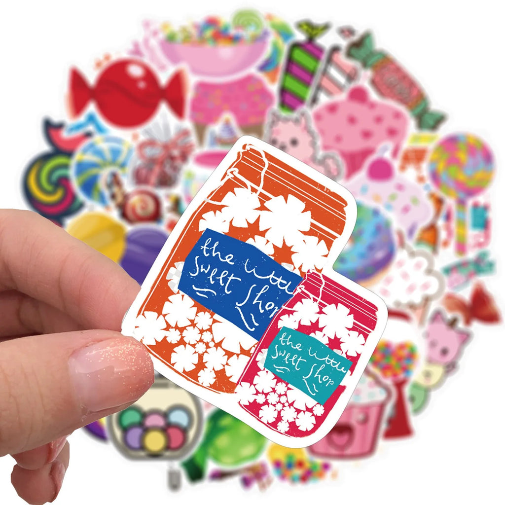 Pack of 50 colourful candy graffiti and cartoon stickers scattered on a surface, each measuring 4-6 cm.