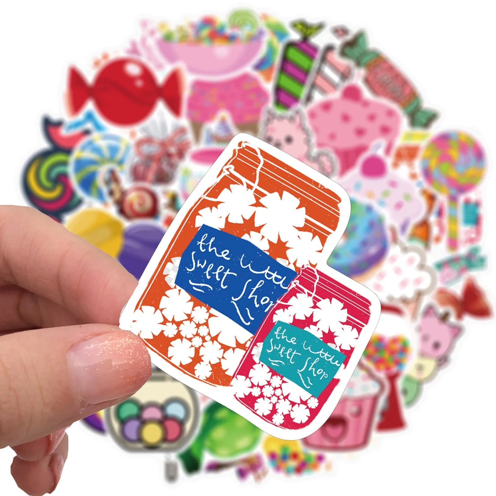 Pack of 50 colourful candy graffiti and cartoon stickers scattered on a surface, each measuring 4-6 cm.