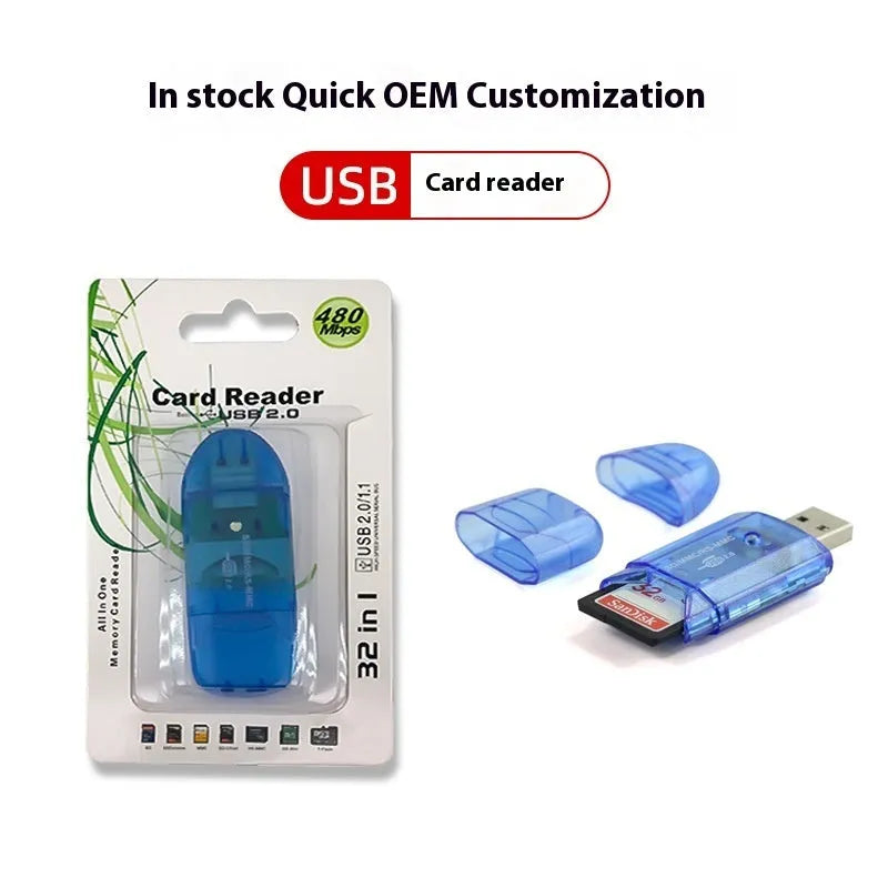 Transparent plastic USB card reader with a clear housing showing internal components.