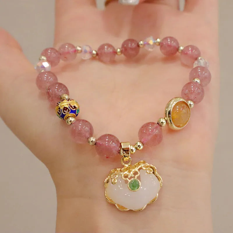 Women's bracelet with jade bead in geometric shape and metal three-dimensional ethnic decoration