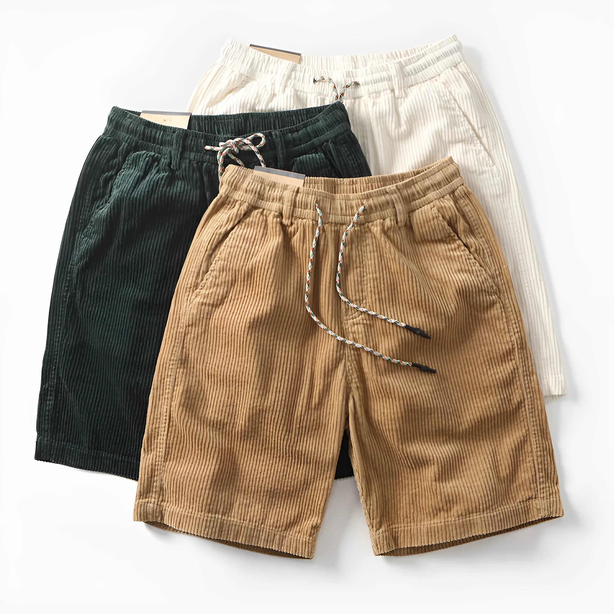 Men's khaki retro cargo shorts with a straight leg and fifth pants length on a white background.