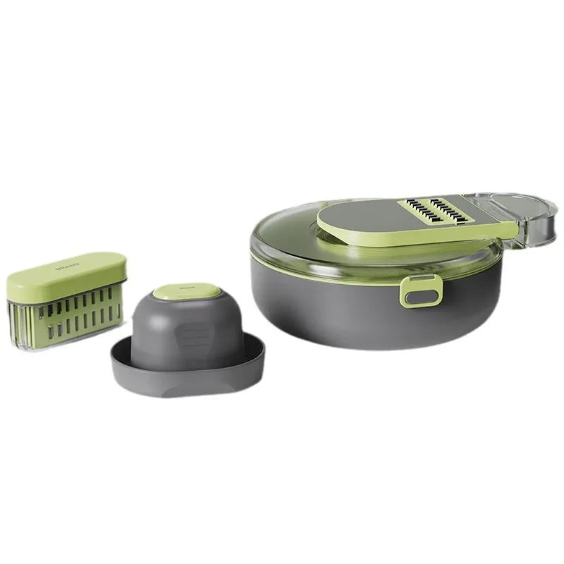 Grey multifunctional vegetable cutter with 8 knives in ABS and stainless steel, on a kitchen counter