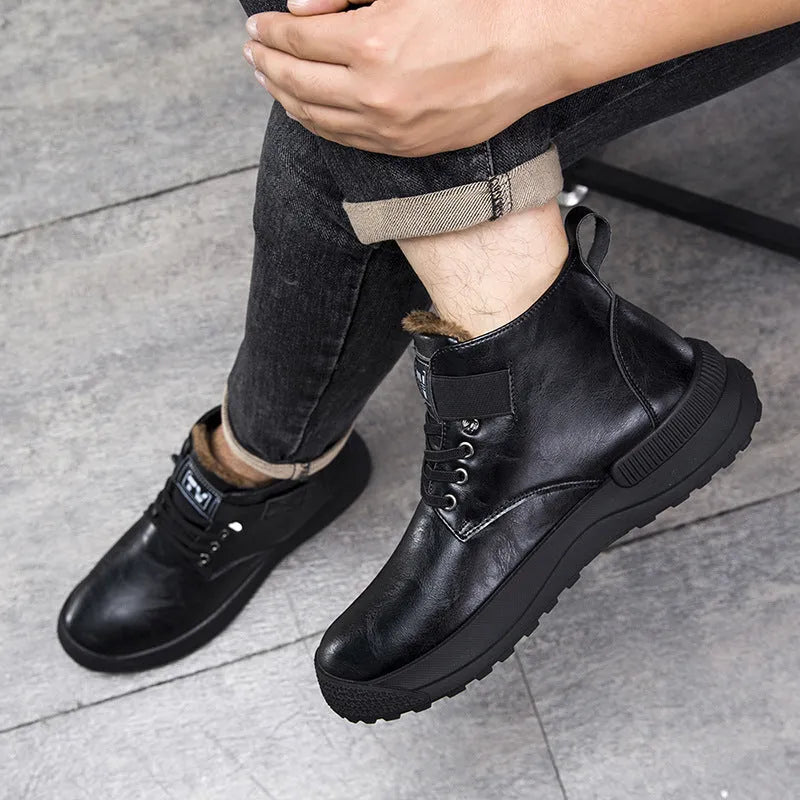 Men's black high-top Martin platform boots with velvet-like PU upper and chunky rubber sole.