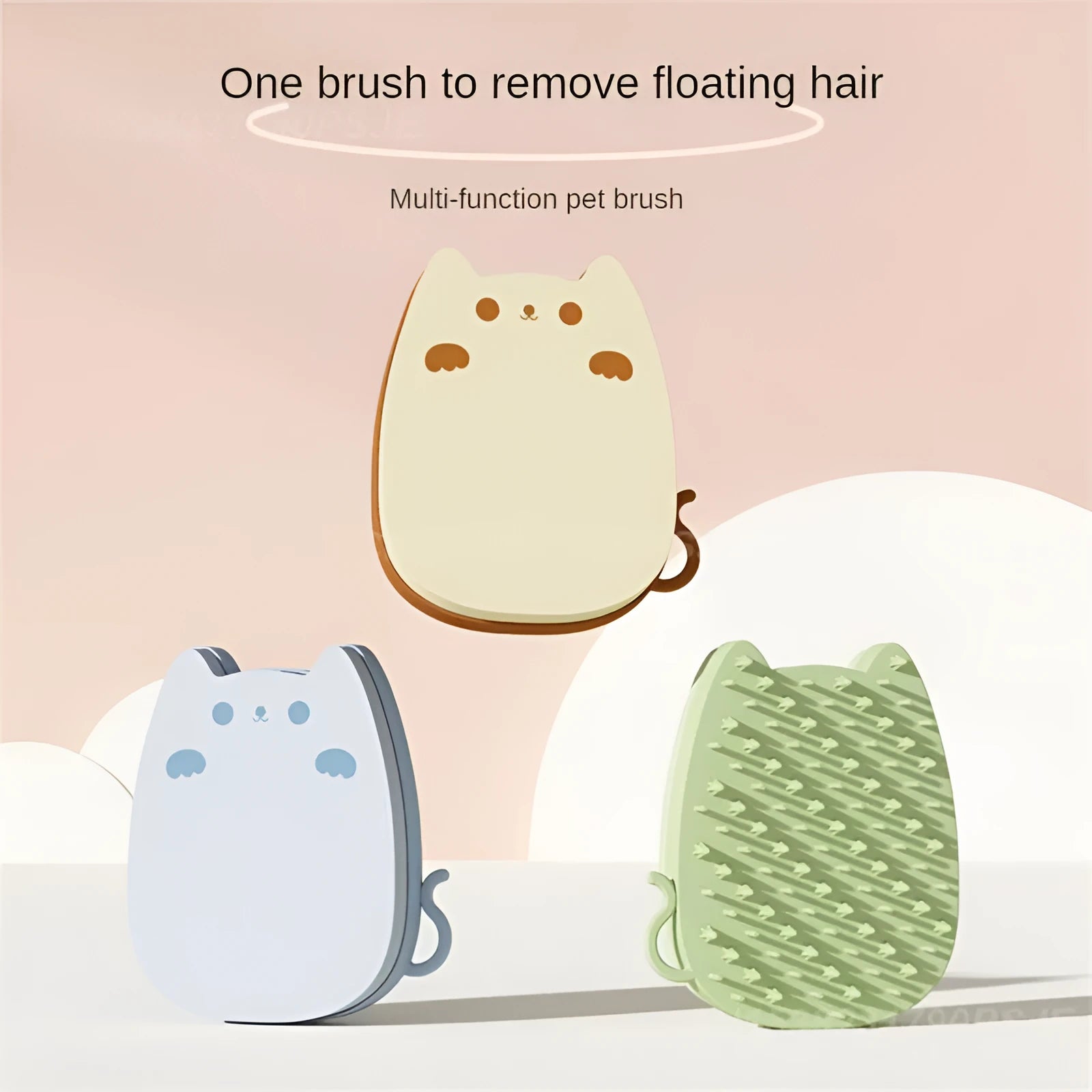 Brown silicone pet grooming comb with dual bristle design for cats and dogs on white background