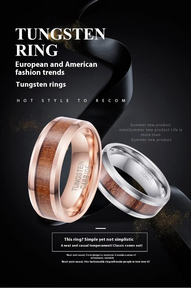 Men's 8mm wide tungsten ring with wood and leather inlay in rose gold or steel finish.