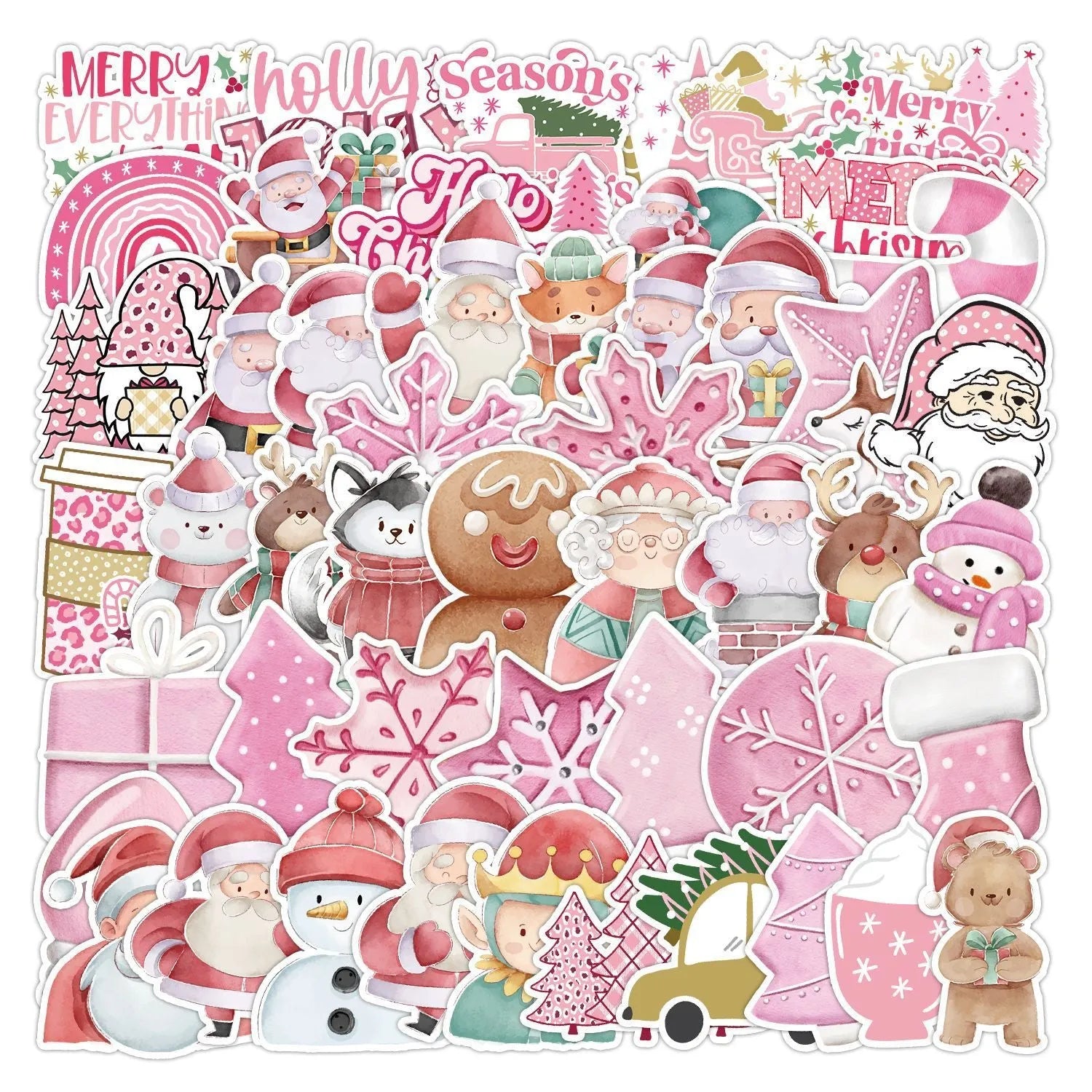 Set of 50 cute style waterproof Christmas decoration stickers ranging from 4cm to 8cm in size.