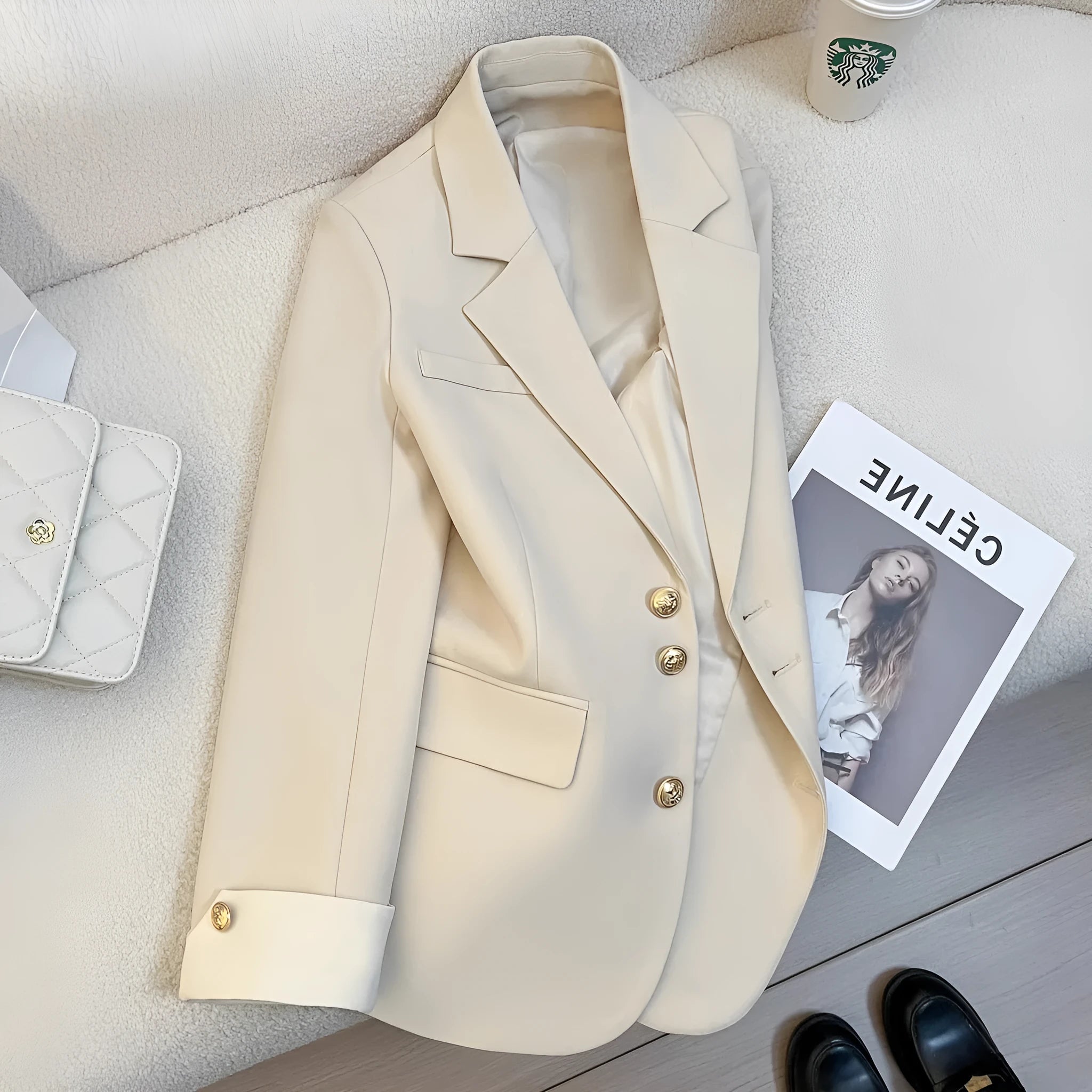 Korean style women's coat in loose fit with 65cm length and pockets in milky white colour