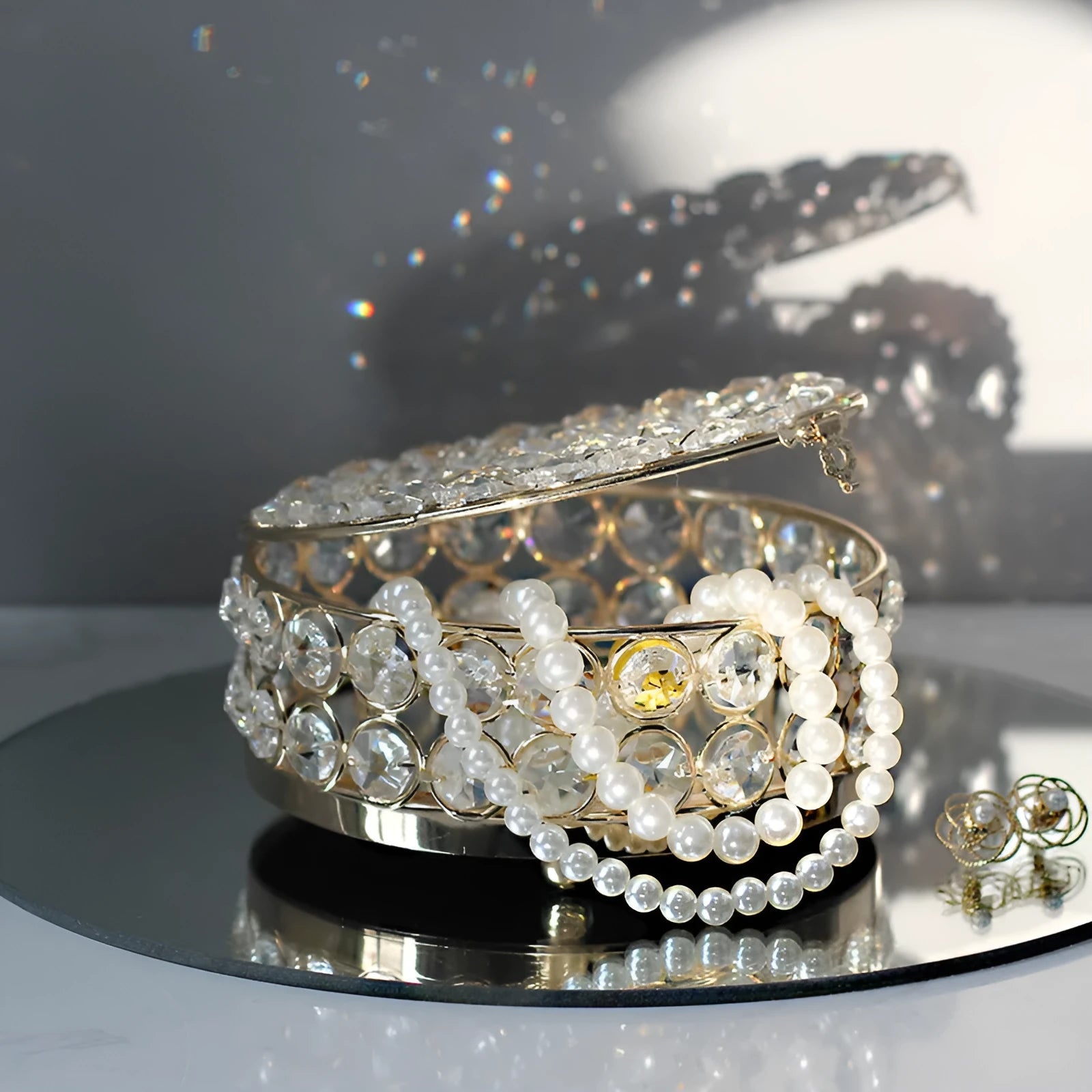 French gold European style jewelry storage box with transparent crystal glass panels