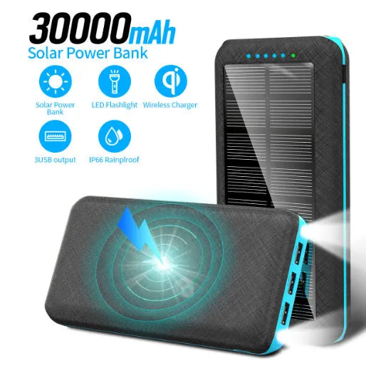 Qi wireless solar power bank with 3 USB outputs and LED flashlight in black plastic shell