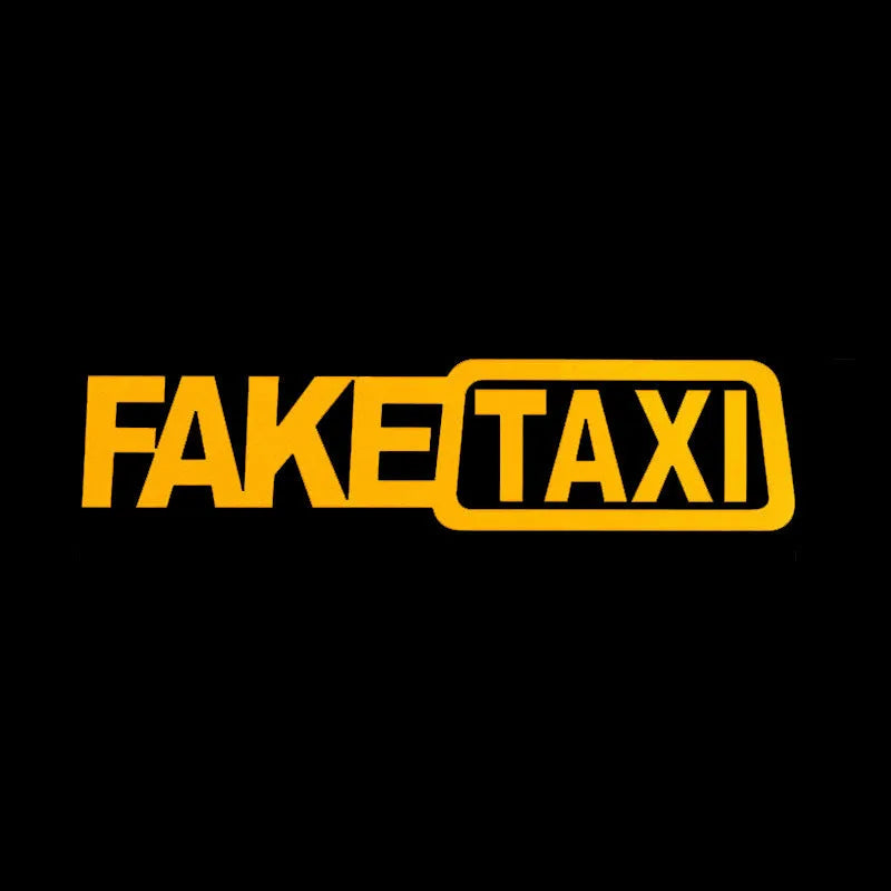 FAKE TAXI car warning sticker in yellow, black, and white colour options, shown at 20cm by 8cm size.