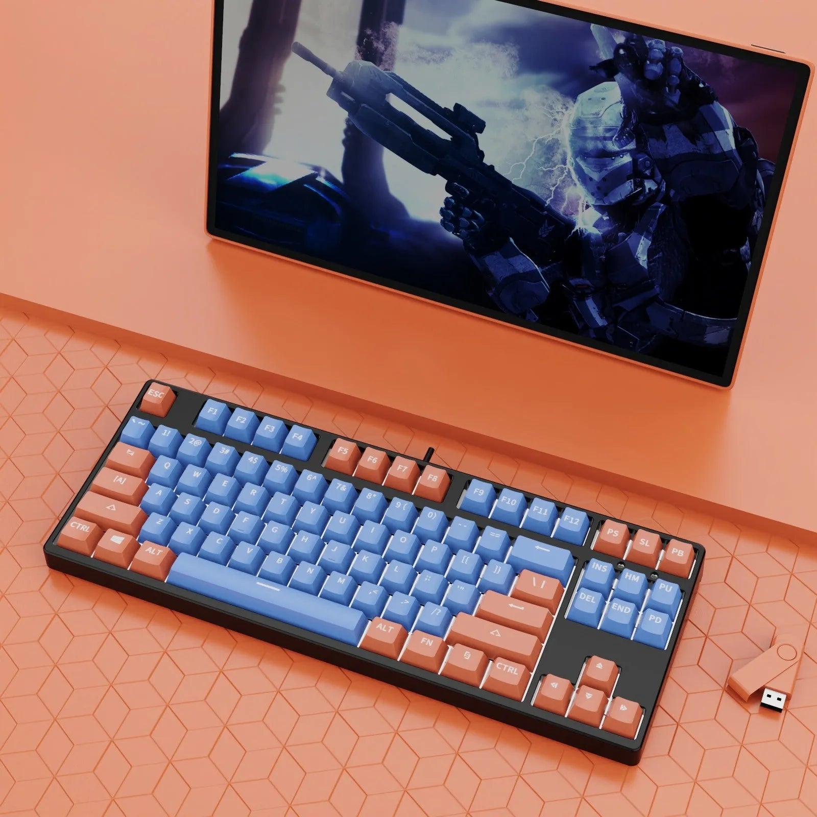87-key wired mechanical gaming keyboard with colourful keycaps on a metal frame, shown with key puller and cable.