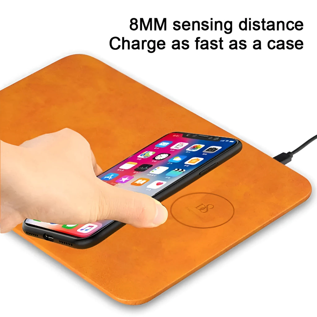 Brown leather wireless charging mouse pad with Micro USB port for device charging