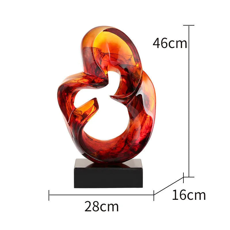 Transparent resin modern sculpture ornament in orange red colour on display surface