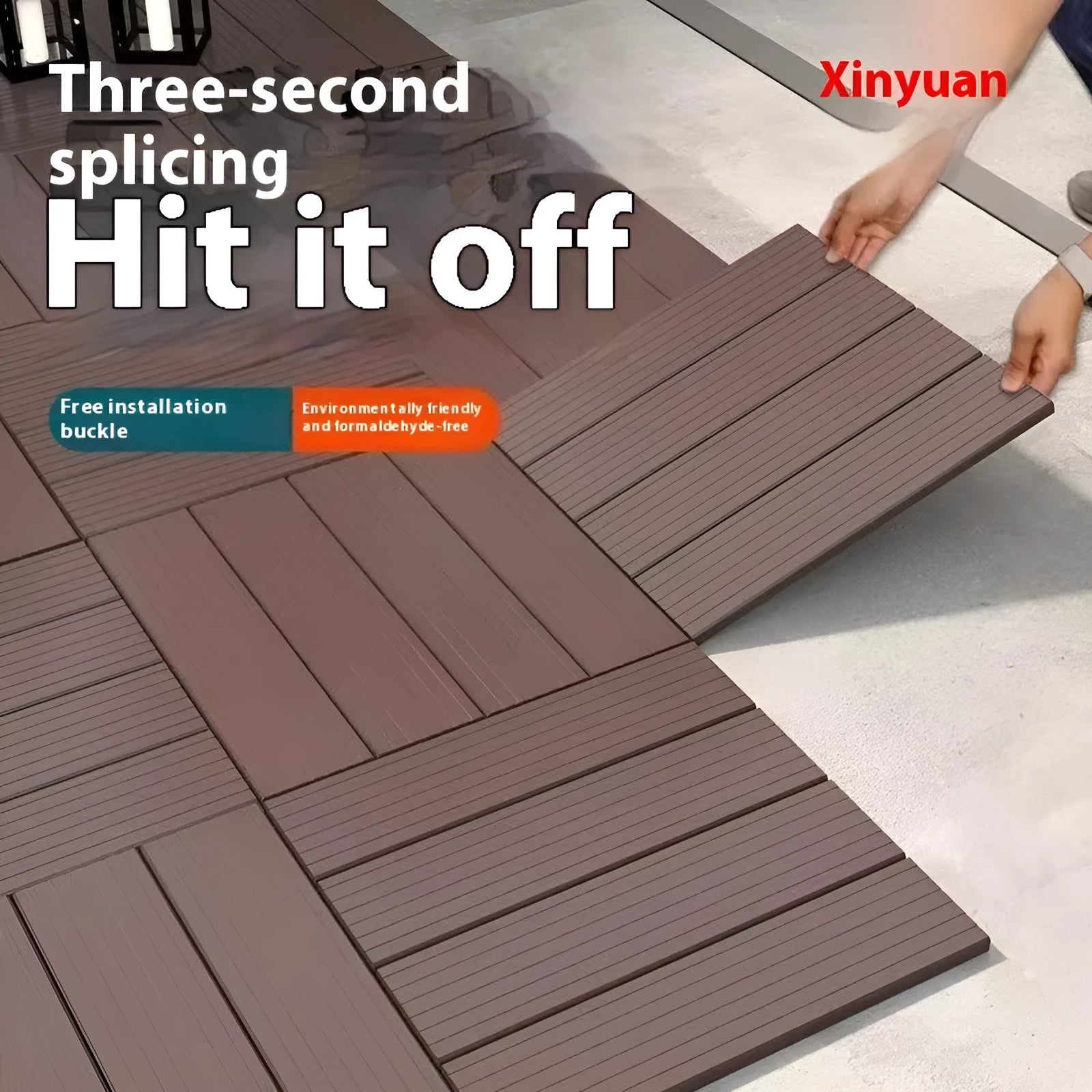 Wood grain plastic floor tiles showing interlocking edges, 300x300mm size with 23mm thickness