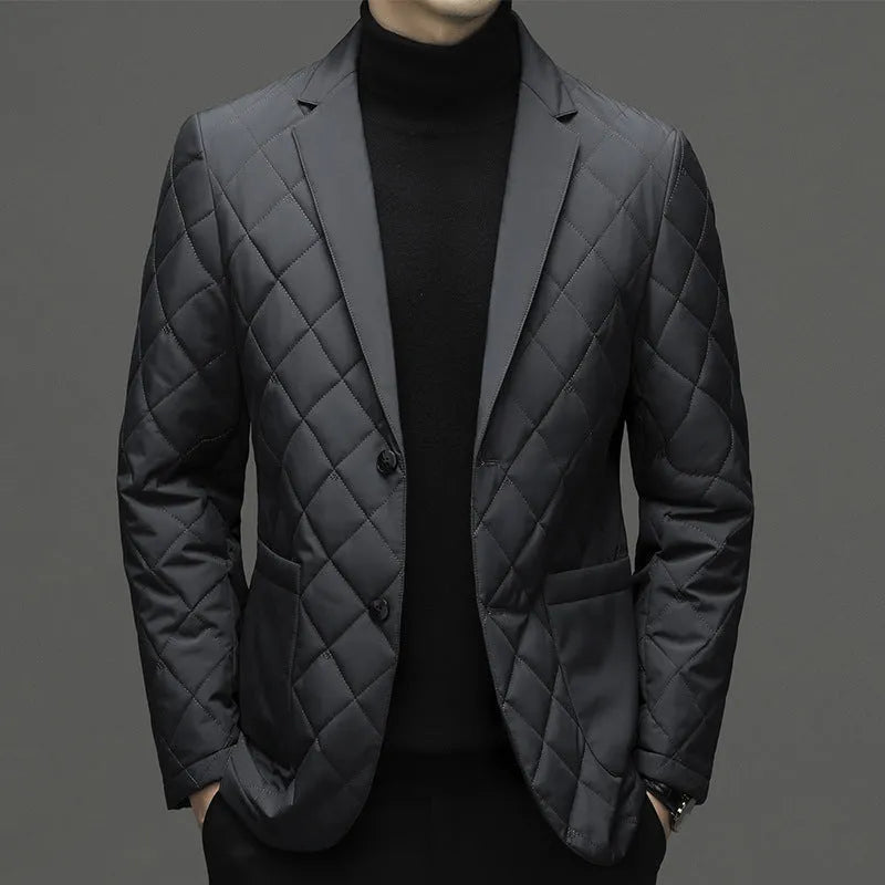 Men's solid colour thick winter down jacket with lapel cardigan style and side seam pockets