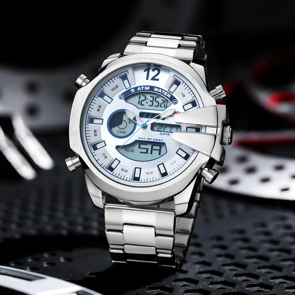 Men's double display LED alarm watch with stainless steel strap and 55mm round alloy case