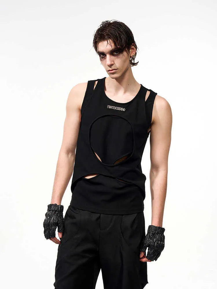 Men's loose sleeveless waistcoat in hollow white thread fabric showing round neck and pullover design