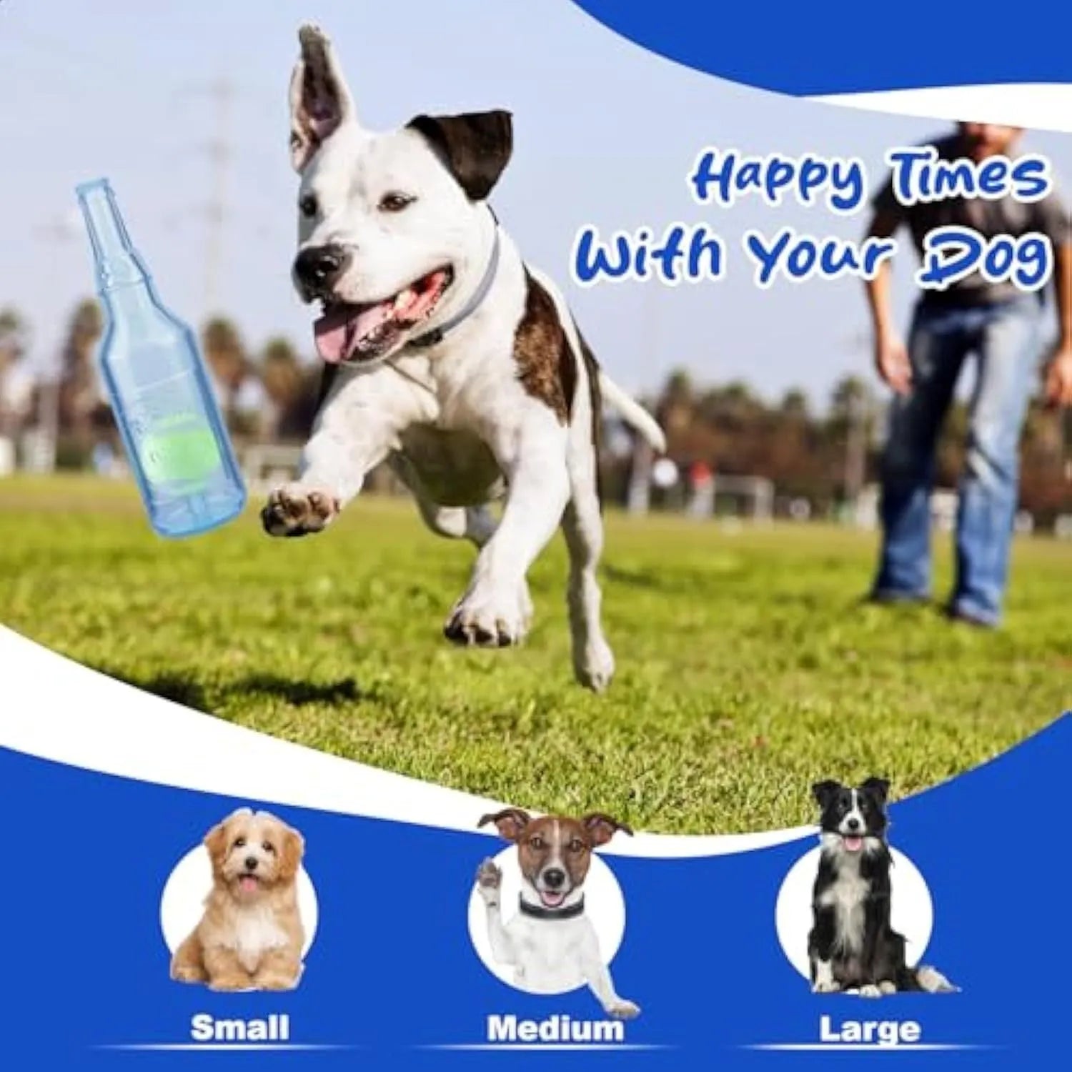 Blue water bottle dog toy with squeaker and internal tennis ball on grass