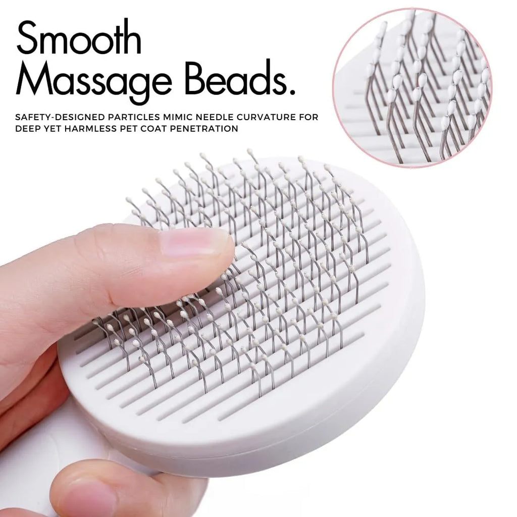 Self-cleaning slicker brush for pet grooming with blue handle and stainless steel pins