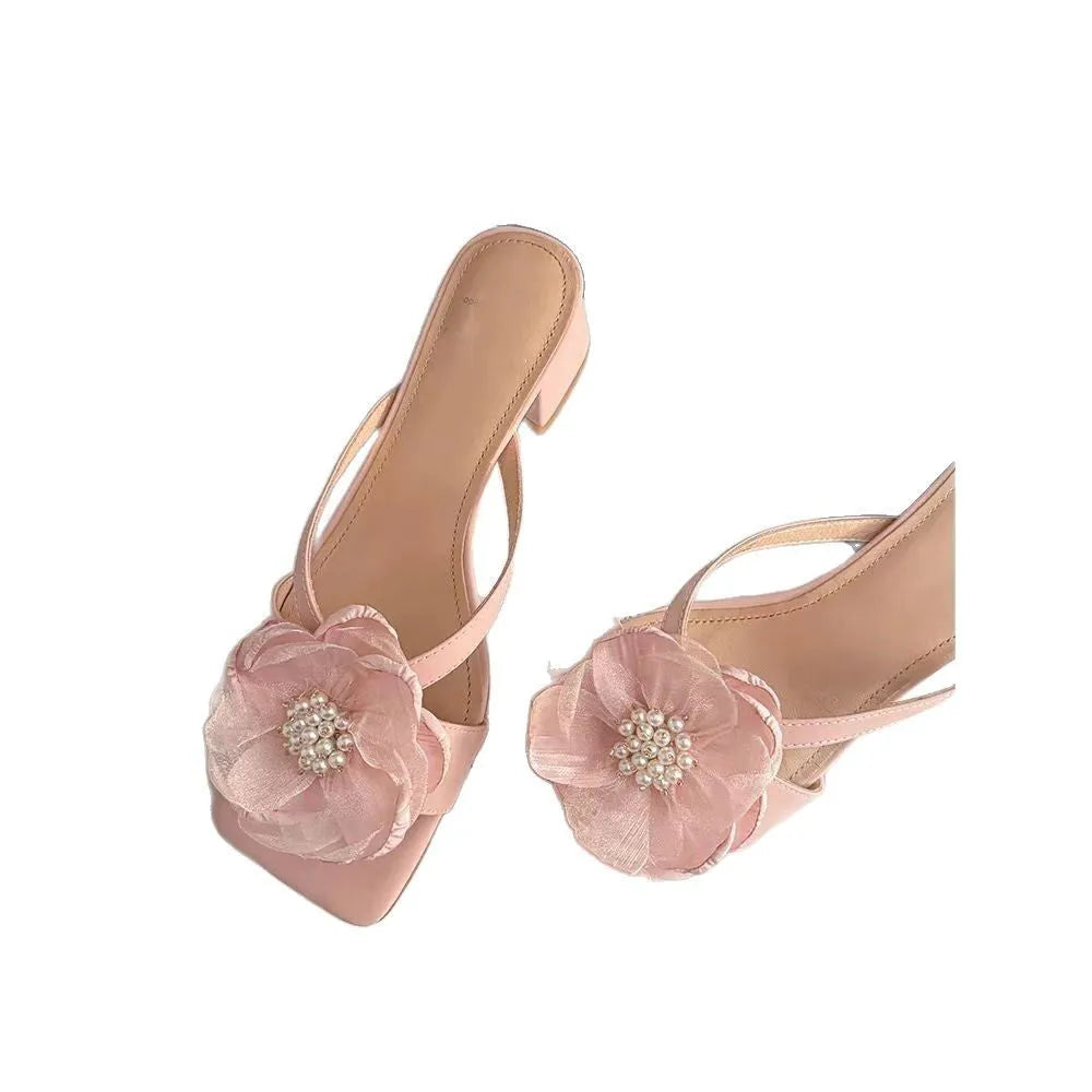 Cream-white women's fashion flower chunky heel square toe one-line satin sandals with rubber sole