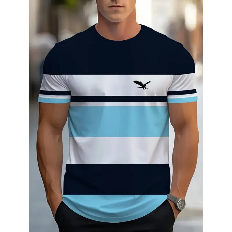 Men's loose fit short sleeve T-shirt with a striped 3D digital print design in a casual style.
