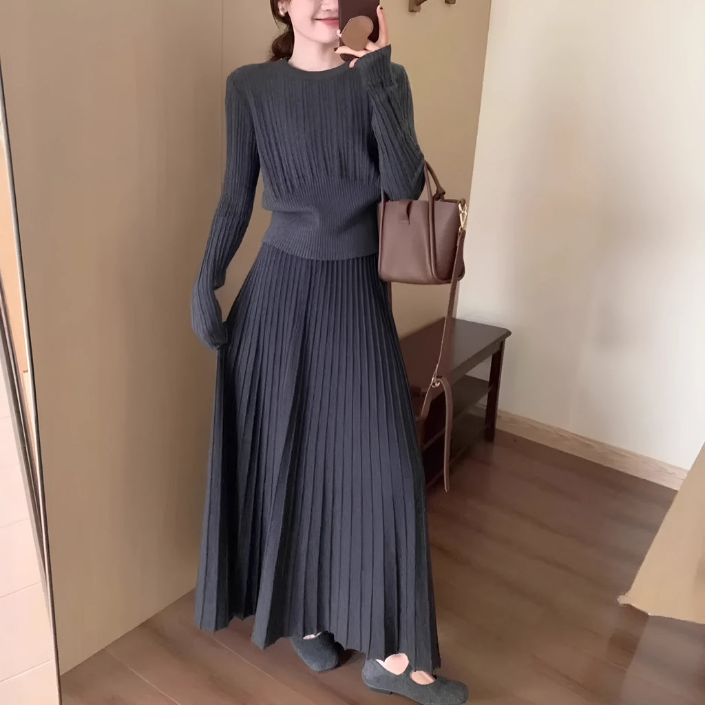 Dark grey knitted dress suit set with ethnic style collage stitching and 3D pattern